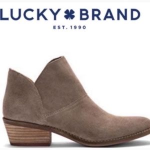Lucky Brand Fahmida Boots Ankle Suede Leather Taupe 🥾 Tan Bootie, Sz 6.5 Boho